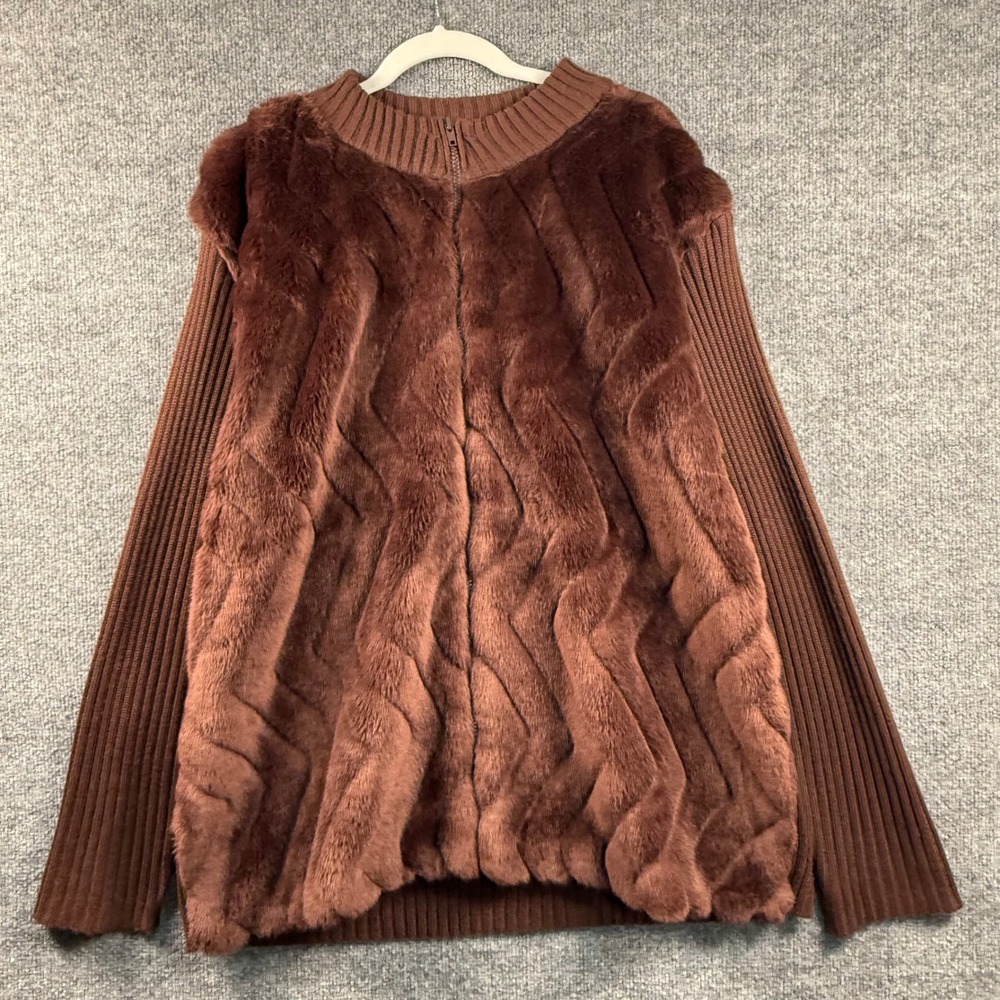 Liz & Me Liz Claiborne 2X Brown Faux Fur Ribbed Knit Sweater Jacket Mob Wife